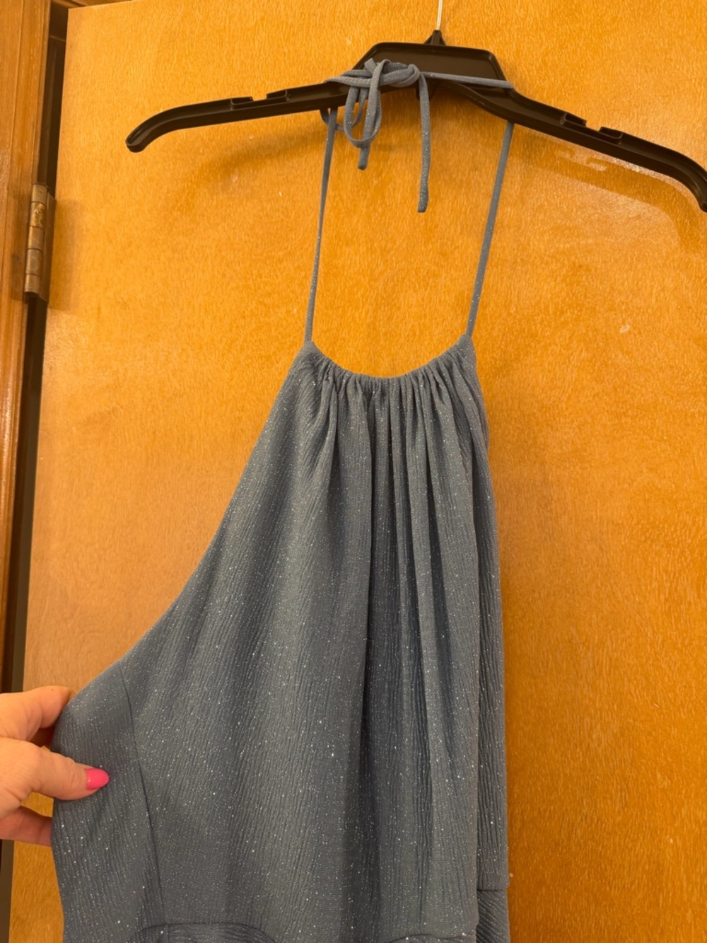 Aidan Mattox Sparkle Halter Long Dress in Steel Blue